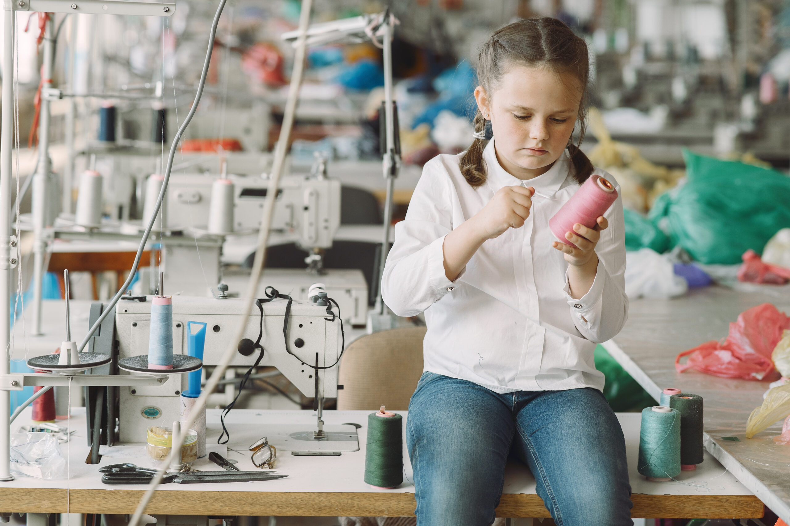 Little girl standing in the factory with a thread